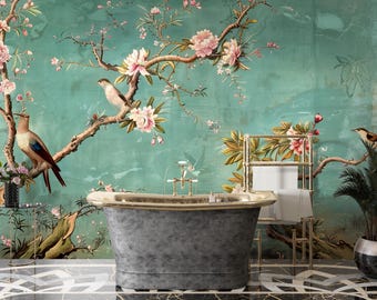 Elegant Green Chinoiserie Wallpaper with Birds and Blossoms – Luxury Hand-Painted Floral Wall Mural Design for Interiors