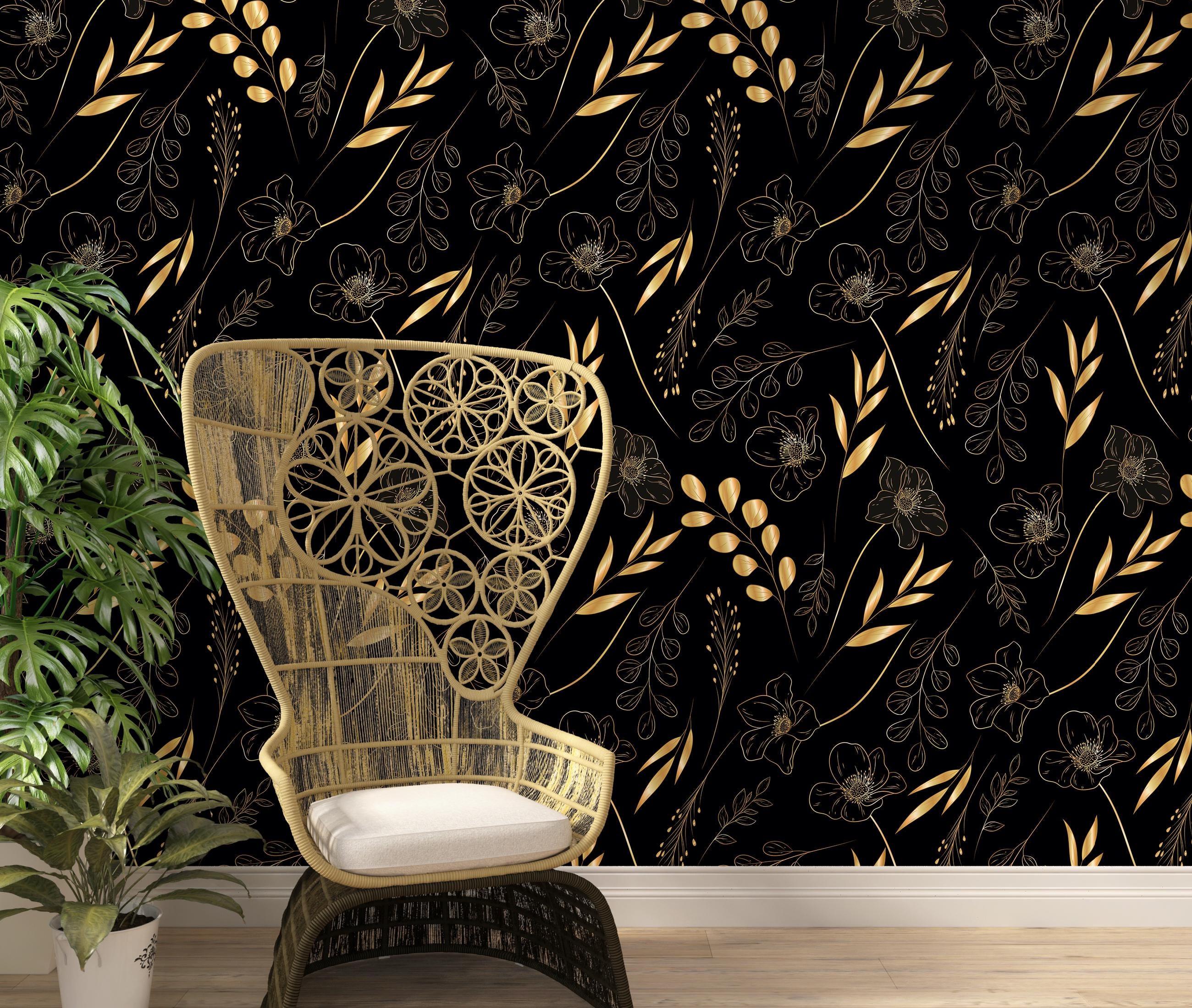 Gold Botanical Wallpaper – Elegant Black and Gold Floral Wall Mural