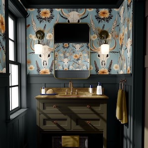 Western boho schedelbehang | Bloemen muurschildering koeienschedel voor rustieke en zuidwestelijke interieurs