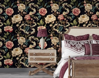 Dark Floral Gothic Snake Wallpaper – Vintage Botanical Serpent Mural