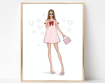 Fashion sketch print of girl with bubbles, Valentines print fashion art poster, girly wall art