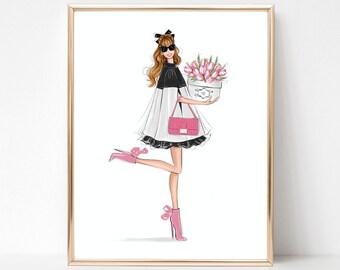 Parijs vibes kunst print mode illustratie van meisje met tulpen, lente vibes girly wand decor, girly slaapkamer kunst aan de muur, mode minnaar cadeau
