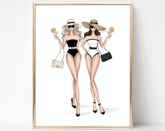 Strandmeisjes kunstprint mode illustratie, Bikini kunstprint, glam kunst aan de muur, Meisjesmode print, Oud geld print, Modeliefhebber cadeau