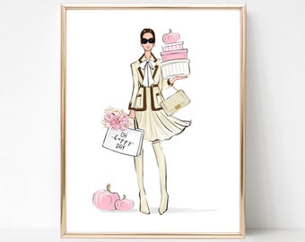 Fall fashion art print, Girl with pumpkins fashion illustration, Fashion sketch print, girly wall decor,