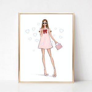 Fashion sketch print of girl with bubbles, Valentines print fashion art poster, girly wall art