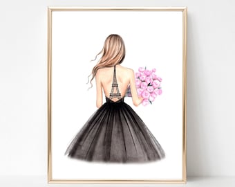 Paris fashion art print fashion illustration, Eiffel Tower dress fashion sketch, Romantic wall art, Girly wall decor, Paris lover gift