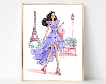 Fille à Paris illustration de mode d’impression d’art, impression d’art girly, croquis de mode de Paris, impressions de chambre girly, cadeau d’amant de mode pour elle