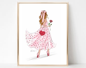 Girl in hearts dress art print fashion illustration, Love art print, feminine art print, girly wall decor, Valentines Day gift for her