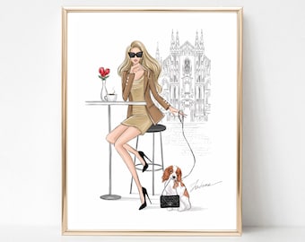 Girl in Milan art print fashion illustration, fall fashion wall art,  girly wall decor, fashion bedroom prints, fashion lover gift for her
