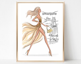 Chica en Hollywood ilustración de moda con estampado de arte, arte de pared de moda de verano, decoración de pared femenina, estampados de dormitorio de moda, regalo para amantes de la moda