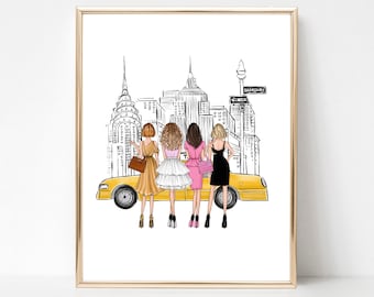 Fashion girls in the city art print fashion illustration, NYC art print, women wall art, fashion lover gift for her, Gift for girlfriends