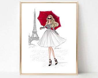 Girl in Paris sketch print fashion illustration, spring art print, Paris bedroom print, Eiffel Tower print, fashion lover gift for her