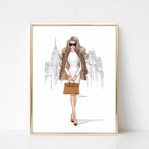 Dziewczyna w Nowym Jorku wydruk artystyczny ilustracja mody, jesienna sztuka ścienna, dziewczęca dekoracja ścienna, wydruki modowe do sypialni, prezent dla miłośnika mody