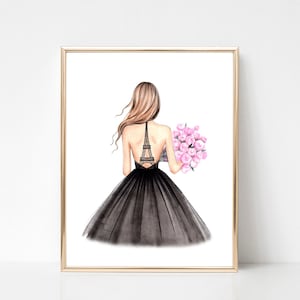 Paris fashion art print fashion illustration, Eiffel Tower dress fashion sketch, Romantic wall art, Girly wall decor, Paris lover gift