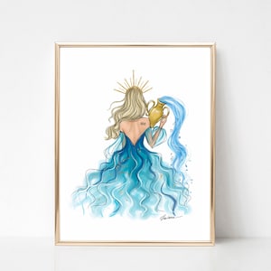 Aquarius Zodiac sign fashion illustration art print,  Aquarius girl fashion wall art, Aquarius fashion drawing, Aquarius gift for her