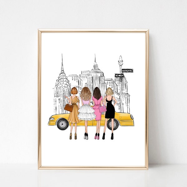 Fashion girls in the city art print fashion illustration, NYC art print, women wall art, fashion lover gift for her, Gift for girlfriends