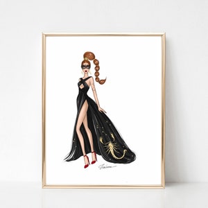 Scorpio sign art print, Zodiac fashion illustration,   Scorpio gift for her, Astrology print, Scorpio print, Scorpio zodiac print
