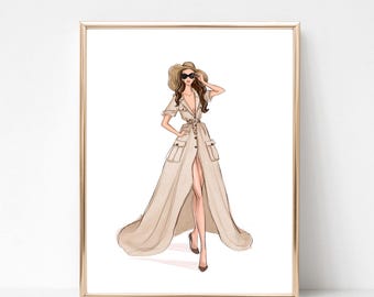 Safari Stil Mädchen Mode Kunstdruck, Chic Kunstdruck für Mode-Liebhaber, Mode Skizze Illustration, Eitelkeit Wandkunst, Mode Poster