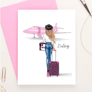 Personalisierte Name Reisekarte, Rosa Flugzeug Mädchen Postkarte für Sie, Girly benutzerdefinierte Karte, Mode Mädchen stationär, Benutzerdefinierte Name Karte