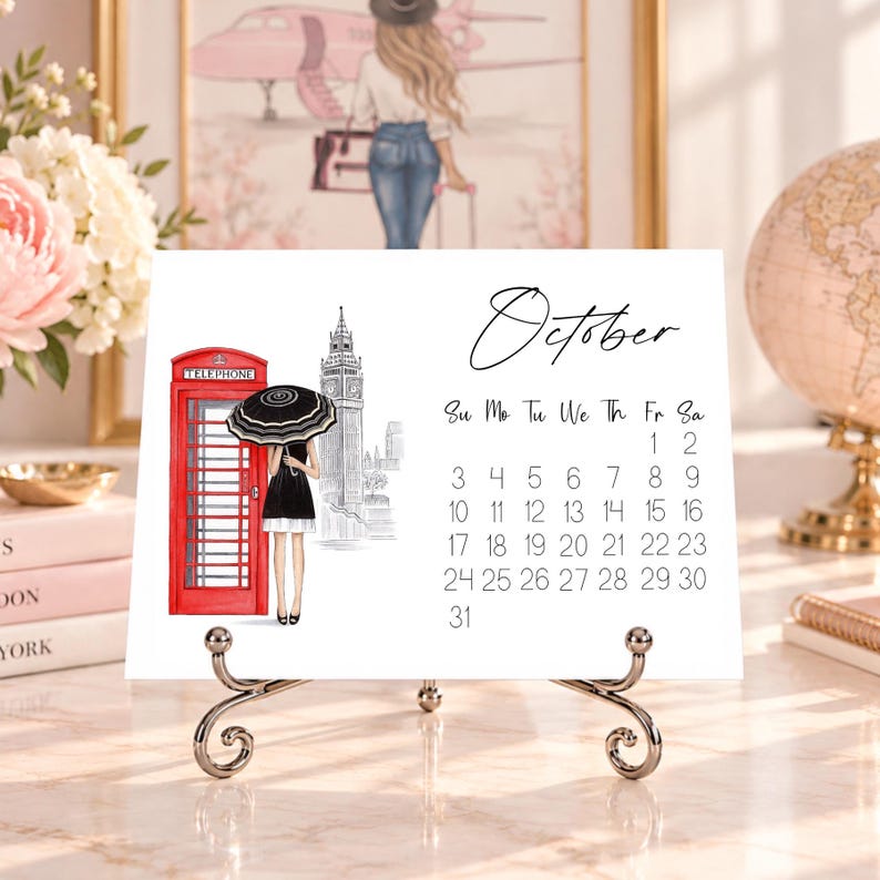 Pode incluir: Uma p&aacute;gina de calend&aacute;rio de mesa branca para outubro com uma ilustra&ccedil;&atilde;o a preto e branco de uma pessoa com um guarda-chuva preto ao lado de uma cabine telef&oacute;nica vermelha e do Big Ben. A grelha mostra os dias do m&ecirc;s em preto.