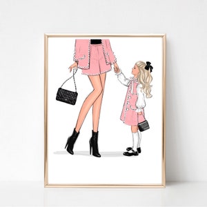 Mom of girl pink art print personalized fashion illustration, Customizable mom daughter wall art, Gift for mum of girl, Mom birthday gift