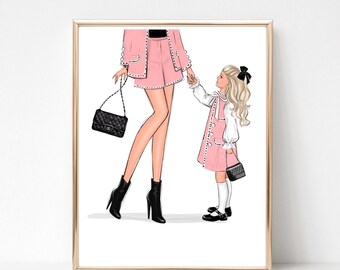 Mom of girl pink art print personalized fashion illustration, Customizable mom daughter wall art, Gift for mum of girl, Mom birthday gift