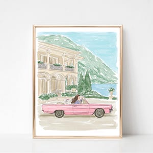 Watercolor Fashion Illustration Wall Art, Glamorous Girl in Pink Car Print, Chic Girly Wall Decor, Summer retro art print