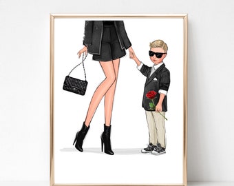 Mom of boy art print personalized fashion illustration, Customizable mom and son wall art, Gift for mum of son, Mom birthday gift,