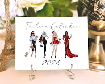 Fashion calendar 2026, Desk Calendar 2026, Fashion illustrated calendar with stand, Girly desk decor, fashion lover gift, Monthly calendar