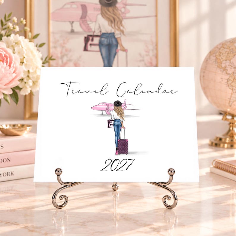 Pode incluir: Um calend&aacute;rio de viagem 2027 branco num suporte de metal prateado. O design apresenta uma mulher com chap&eacute;u preto, blusa branca e cal&ccedil;as de ganga azuis, a puxar uma mala escura estampada em dire&ccedil;&atilde;o a um avi&atilde;o cor-de-rosa. O texto diz Travel Calendar 2027.