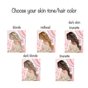K&ouml;nnte beinhalten: Eine Illustration mit dem Text &bdquo;W&auml;hlen Sie Ihren Hautton/Ihre Haarfarbe&ldquo; &uuml;ber f&uuml;nf Bildern von Frauen mit verschiedenen Haarfarben: blond, rothaarig, dunkelh&auml;utige Br&uuml;nette, dunkelblond und br&uuml;nett.