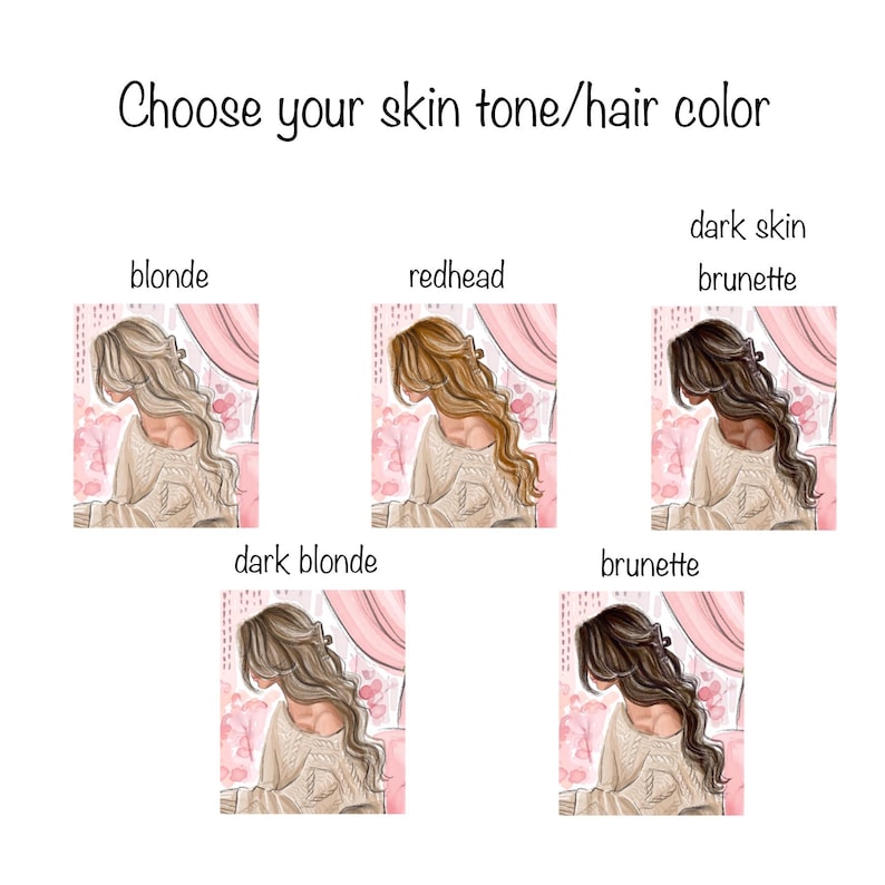 K&ouml;nnte beinhalten: Eine Illustration mit dem Text &bdquo;W&auml;hlen Sie Ihren Hautton/Ihre Haarfarbe&ldquo; &uuml;ber f&uuml;nf Bildern von Frauen mit verschiedenen Haarfarben: blond, rothaarig, dunkelh&auml;utige Br&uuml;nette, dunkelblond und br&uuml;nett.