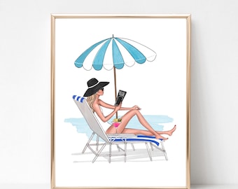Chique strandmeisje mode-illustratie, zomermode kunstprint, glamour muurdecoratie, vakantievibes-kunstwerk, cadeau modeliefhebber
