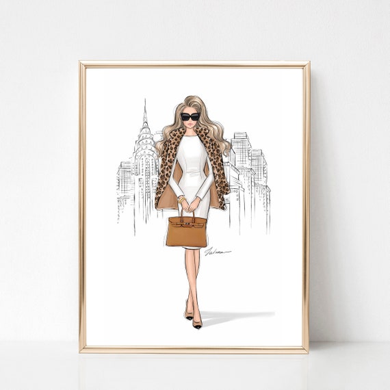 Girl in New York art print fashion illustration, fall fashion wall art,  girly wall decor, fashion bedroom prints, fashion lover gift