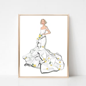 Fashion gown art print fashion illustration, floral dress drawing, girly wall decor, girly bedroom wall art, fashion sketch gift for her