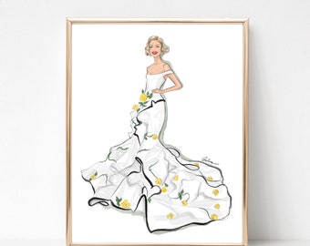 Modekleid-Kunstdruck, Modeillustration, Blumenkleid-Zeichnung, mädchenhafte Wanddekoration, mädchenhafte Schlafzimmer-Wandkunst, Modeskizze als Geschenk für sie