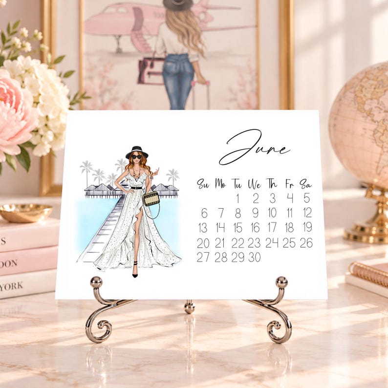 Pode incluir: Uma p&aacute;gina de calend&aacute;rio de mesa branca para junho com uma ilustra&ccedil;&atilde;o de moda de uma pessoa com chap&eacute;u de abas largas, &oacute;culos de sol e um vestido branco comprido num cais. A grelha mostra os dias do m&ecirc;s de 1 a 30.