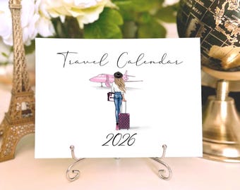 Travel Calendar 2026, Desk Calendar, Fashion illustrated calendar, Girly desk decor, Gift for travel lover, Cute calendar for her