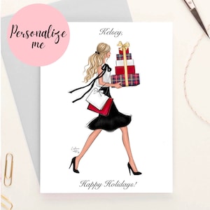 Carte de voeux personnalisée, carte postale girly pour elle, carte personnalisée de Noël, carte d'illustration de mode, carte de visite personnalisée