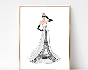 Eiffel Tower dress art print, Paris art print fashion illustration, Girly fashion sketch, Black and white fashion wall art, fashion gift
