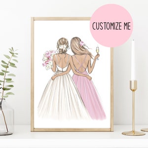 Regalo personalizzato con stampa per sposa e damigella d'onore, illustrazione del matrimonio primaverile, regalo per damigella d'onore, stampa della festa nuziale, arte ricordo del matrimonio
