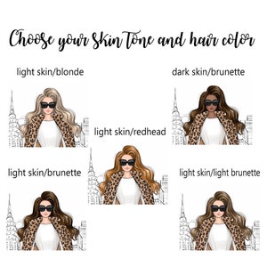 Pode incluir: Cinco ilustra&ccedil;&otilde;es de mulheres com diferentes cores de cabelo e tons de pele. Cada mulher est&aacute; vestindo uma camisa branca, uma jaqueta de estampa de leopardo e &oacute;culos de sol. O fundo &eacute; uma cidade.