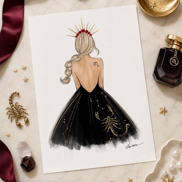 Scorpio Zodiac sign fashion illustration art print, Scorpio girl horoscope fashion wall art, Scorpio woman fashion drawing, Scorpio gift