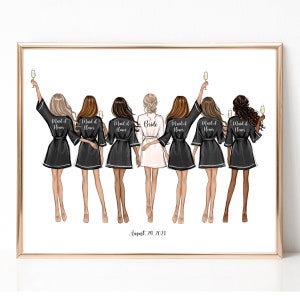 Impression personnalisée de mariée et de demoiselles d’honneur, illustration de cadeau de douche nuptiale, cadeau de mariage de demoiselle d’honneur, impression de fête nuptiale, impression d’art de l’équipe de mariée