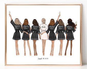 Personalized bride and bridesmaids print, Bridal shower gift illustration, Bridesmaid wedding gift, Bridal party print, Bride team art print