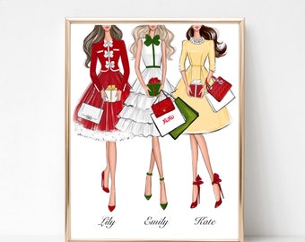 Fashion girls with gifts Christmas art print fashion illustration, girly wall decor, Holiday girly sketch, Fashion art print, Christmas gift