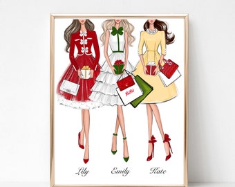 Fashion girls with gifts Christmas art print fashion illustration, girly wall decor, Holiday girly sketch, Fashion art print, Christmas gift