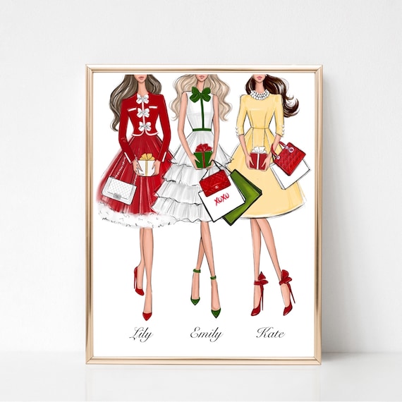 christmas dress drawing Fashion girls with gifts art print Fashion illustration, girly wall decor, Holiday girly sketch, Fashion art print, Christmas gift Anime christmas girl drawing