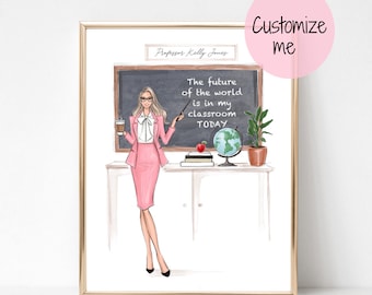 Personalized name teacher art print fashion illustration, teacher art print, art teacher gift, school art print, girly fashion sketch