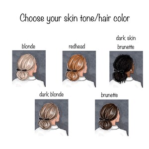 May include: Five illustrations of women with different hair colors and skin tones. The hair colors are blonde, dark blonde, redhead, brunette, and brunette with dark skin.